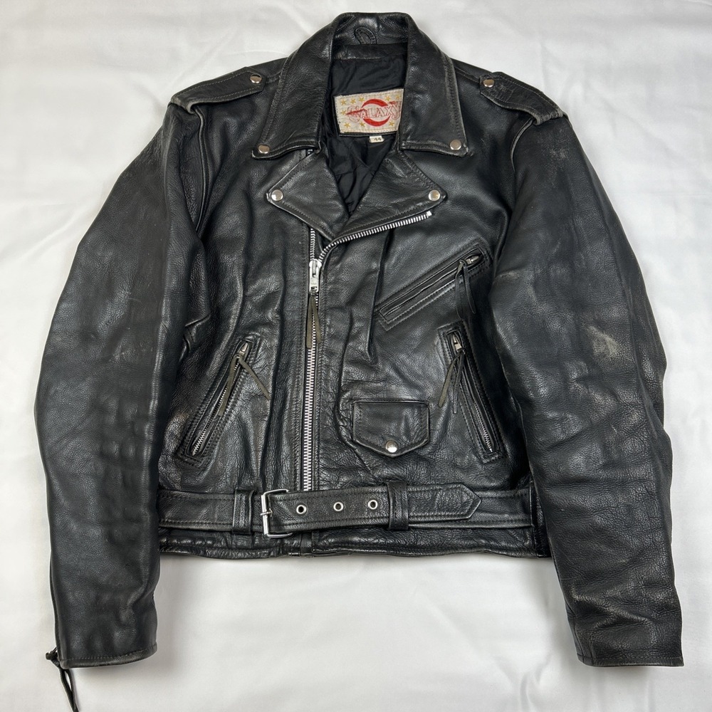 VTG Galaxy Leather Jacket Sz 44 Zip Motorcycle Belted Heavy Moto Size Zip Black